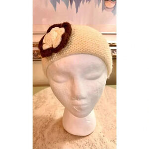 Vintage Handmade Knit Yarn Wool‎ Kids Girls Hat Beanie Cream Flower